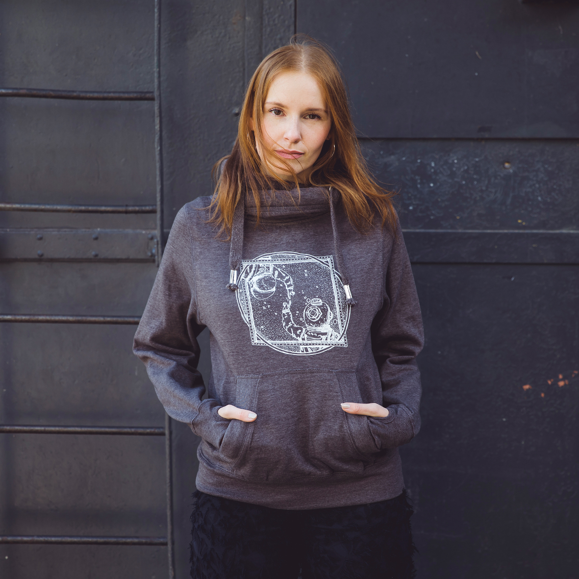 Unisex Cross Neck Hoodie Contact in Dark Grey